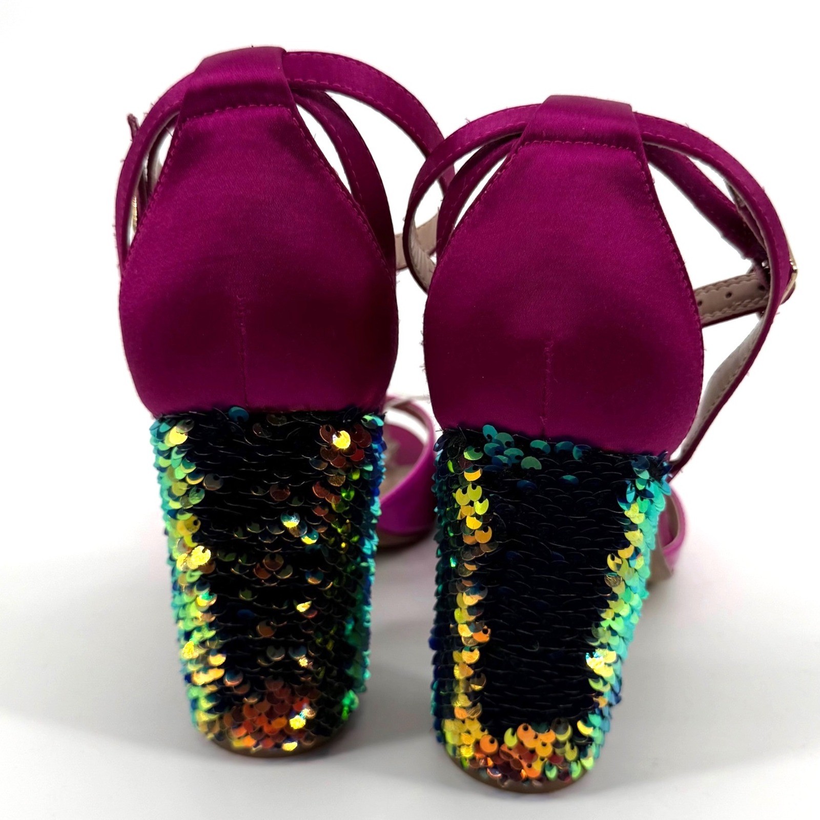 Betsey Johnson 9 Brandy Pink Patent Sequin Block Heel Sandals Party Glam Sparkle