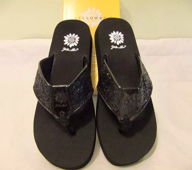 Yellow Box Flip Flops Black Glitter Sparkle Shiny Wedge Comfort Sandals Carolina