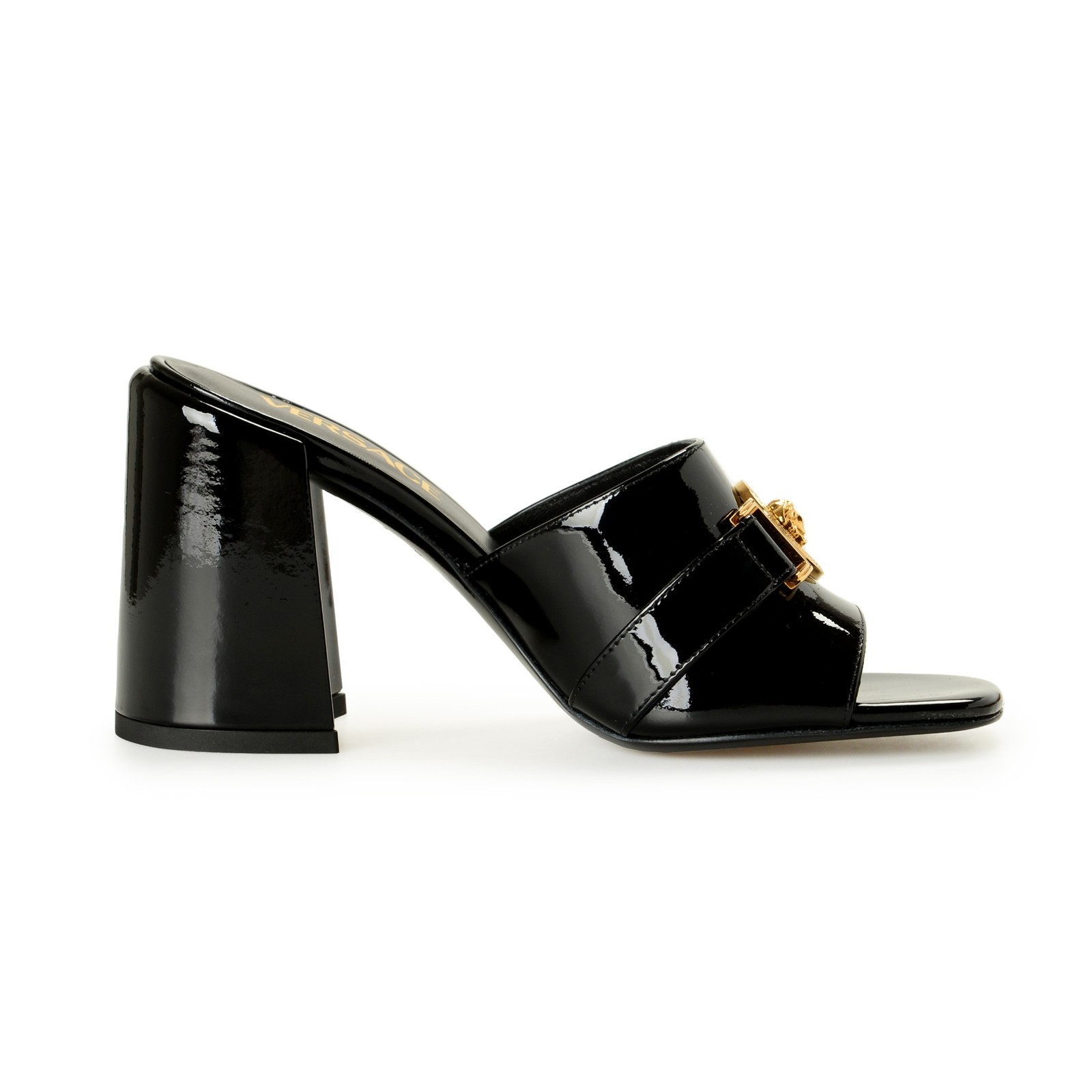 Versace Women’s Black Patent Leather Gold Medusa Mules Sandals Shoes US 6 IT 36