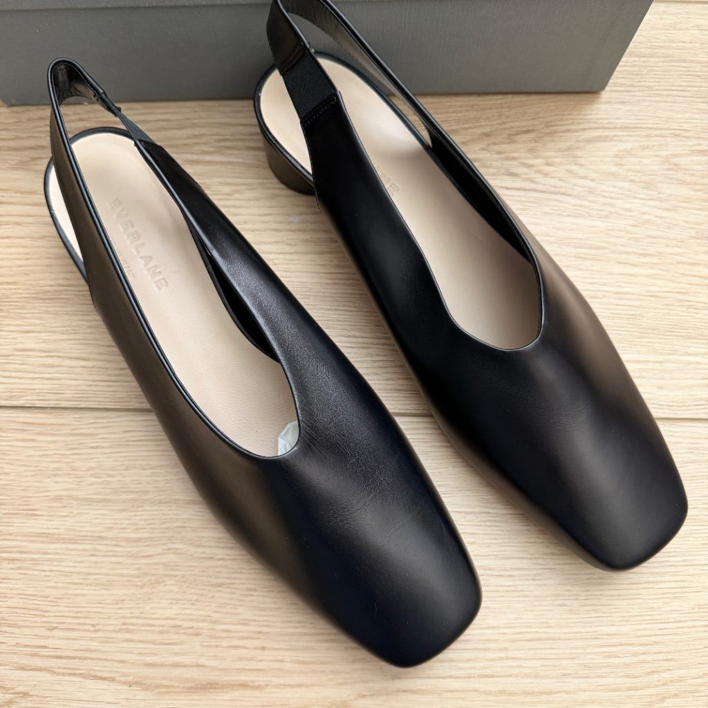 Everlane Square Toe Slingback Black Leather Block Heel Flats Women’s Size 10.5