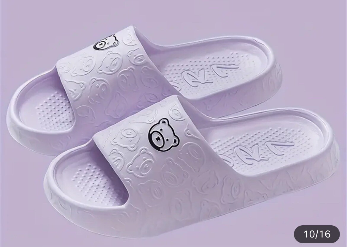 NEW CUTE BEAR PILLOW SLIDES LAVENDER SZ 9-10 GARDEN BATHROOM SHOES NIB USA
