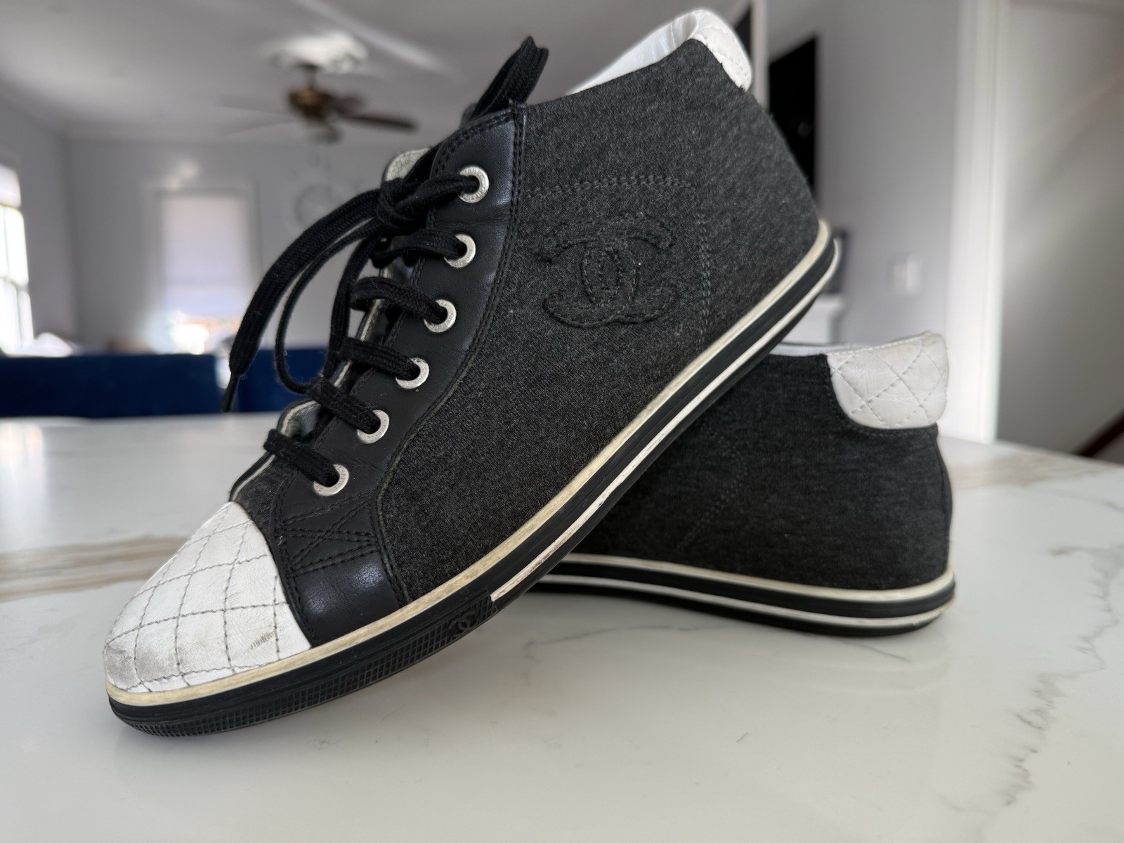 CHANEL High Top Sneakers Black Wool White Quilted Leather CC Logo Italy 7.5 -8