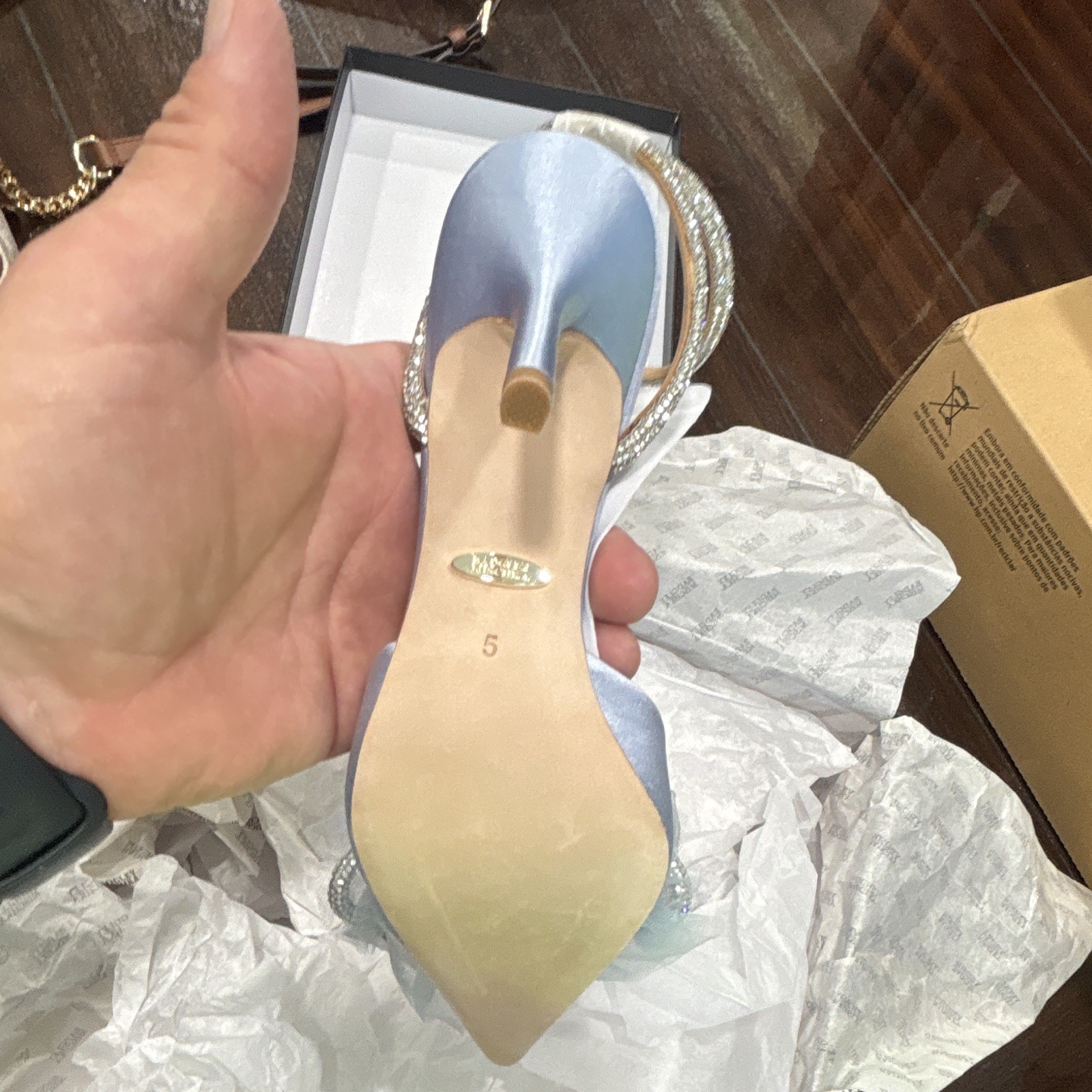 Badgley Mischka Blue Leather Pointed Toe Crystal Bow Ankle Strap Heels 5