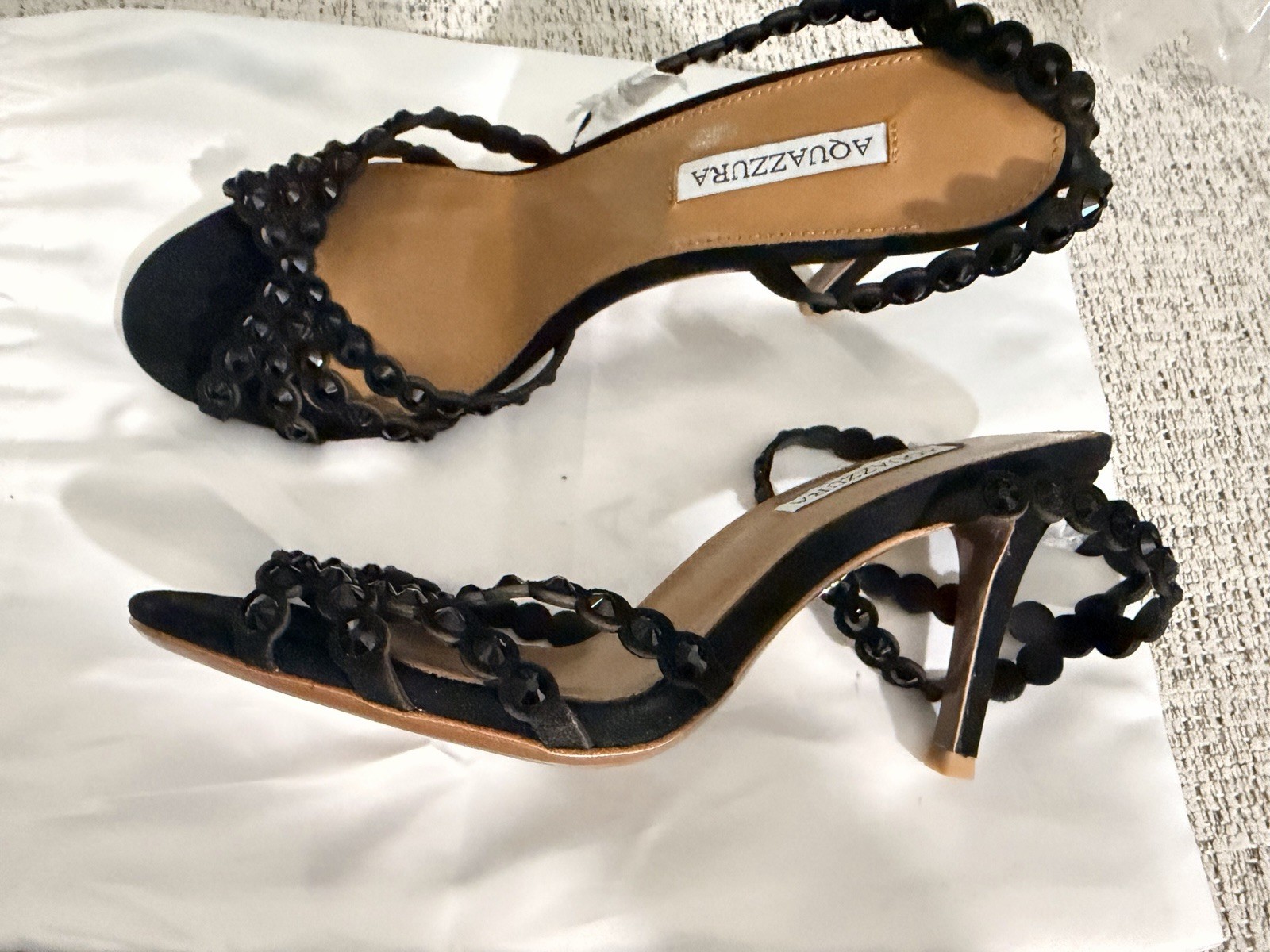 Aquazzura Women’s Black Suede Strappy Open Toe Stiletto Slip On US 9