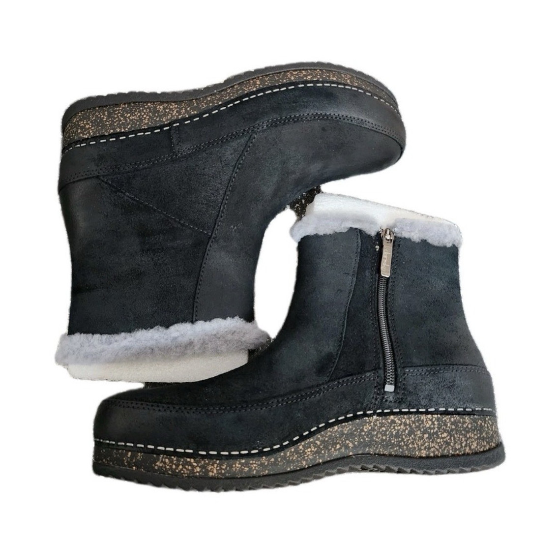 Black Suede Ankle Bootie Wedge Round Toe Side Zip Faux Fur Trim US 8.5
