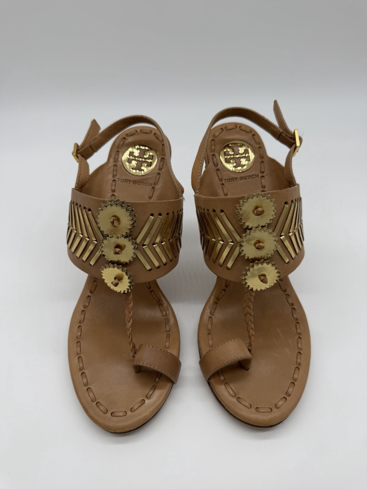 Tory Burch Caylan Leather Sandals Tan Gold Toe Ring Boho Style Heels Tribal Sz 8