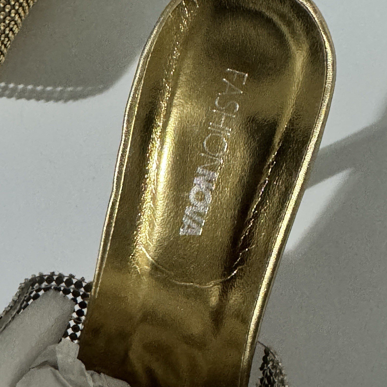 Size 10 – Fashion Nova Gold Rhinestone Slide Block Heel Sandals