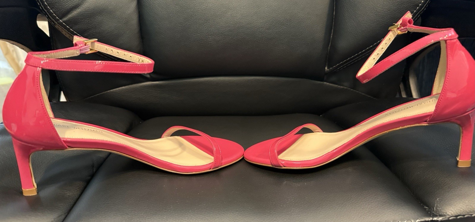 New Stuart Weitzman Pink Patent Leather Open Toe Strappy Buckle Heels US 5.5