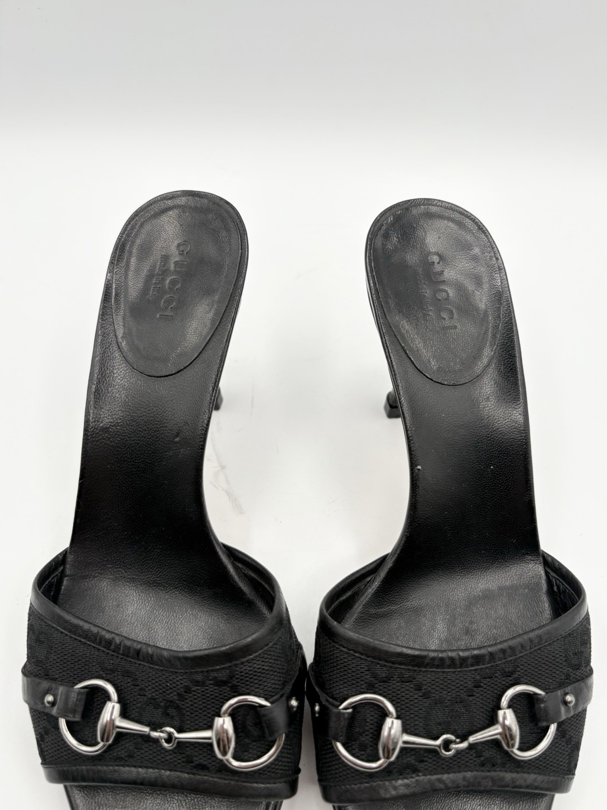 Gucci Black Leather Mules Canvas GG Logo Silver Horsebit Heels Y2K Size EU 35.5