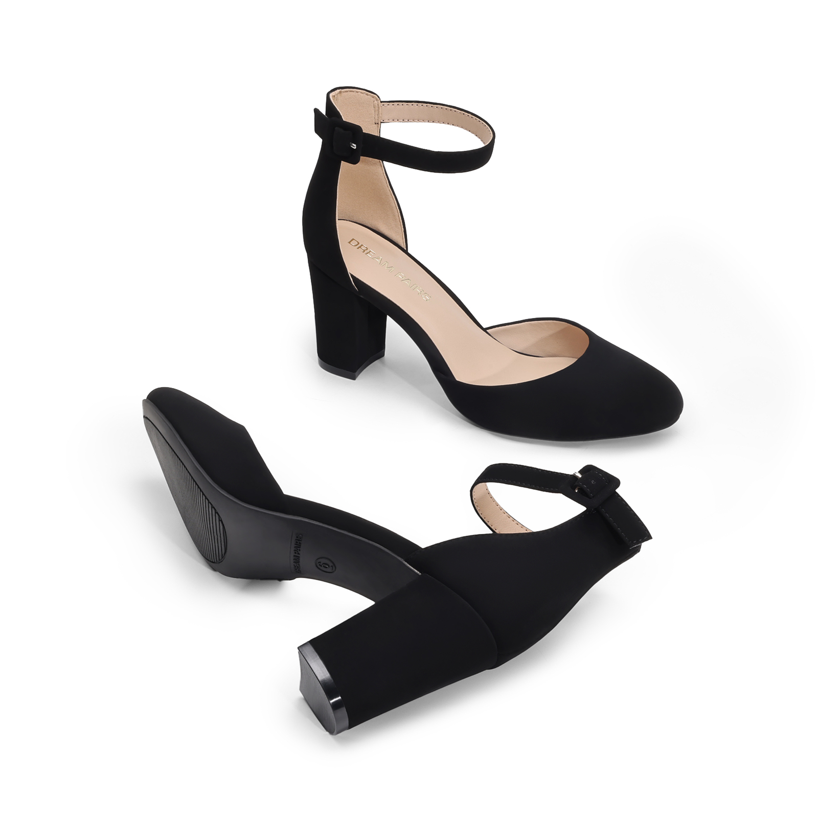 Women’s Dress Pumps 3 inch Chunky Block Heels Ankle Strap Round Toe Dress Pumps
