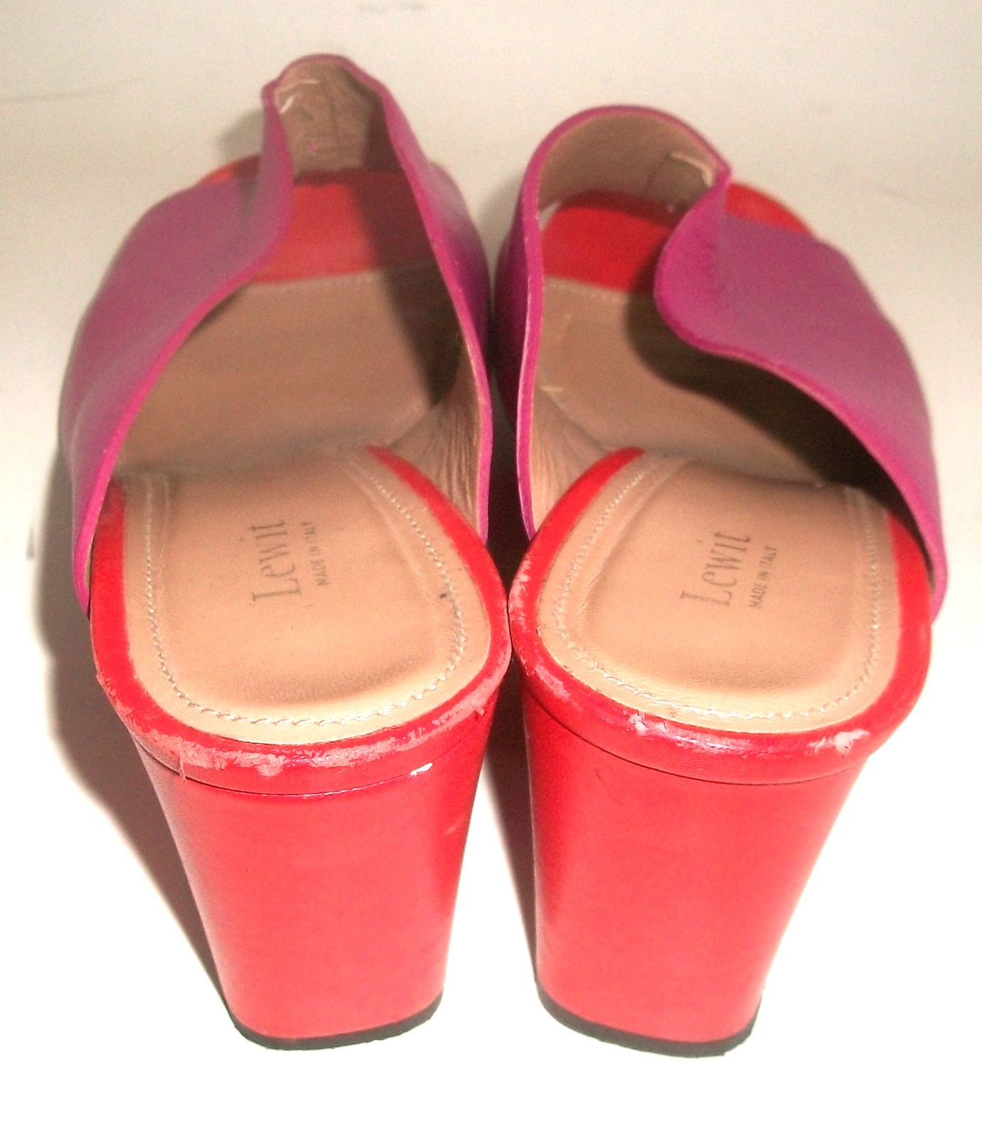 Lewitt Fuschia Pink and Red Leather Open-Toe Heeled Mules Made in Italy 10M
