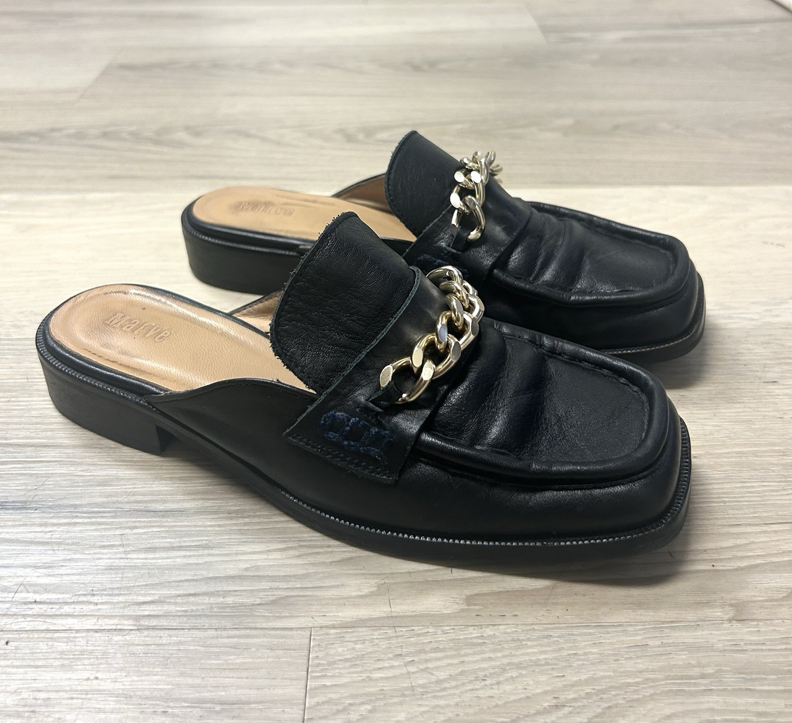 Anthropologie Maeve Shoes Loafers Black Leather Flats Gold Chain Women 37 US 6.5