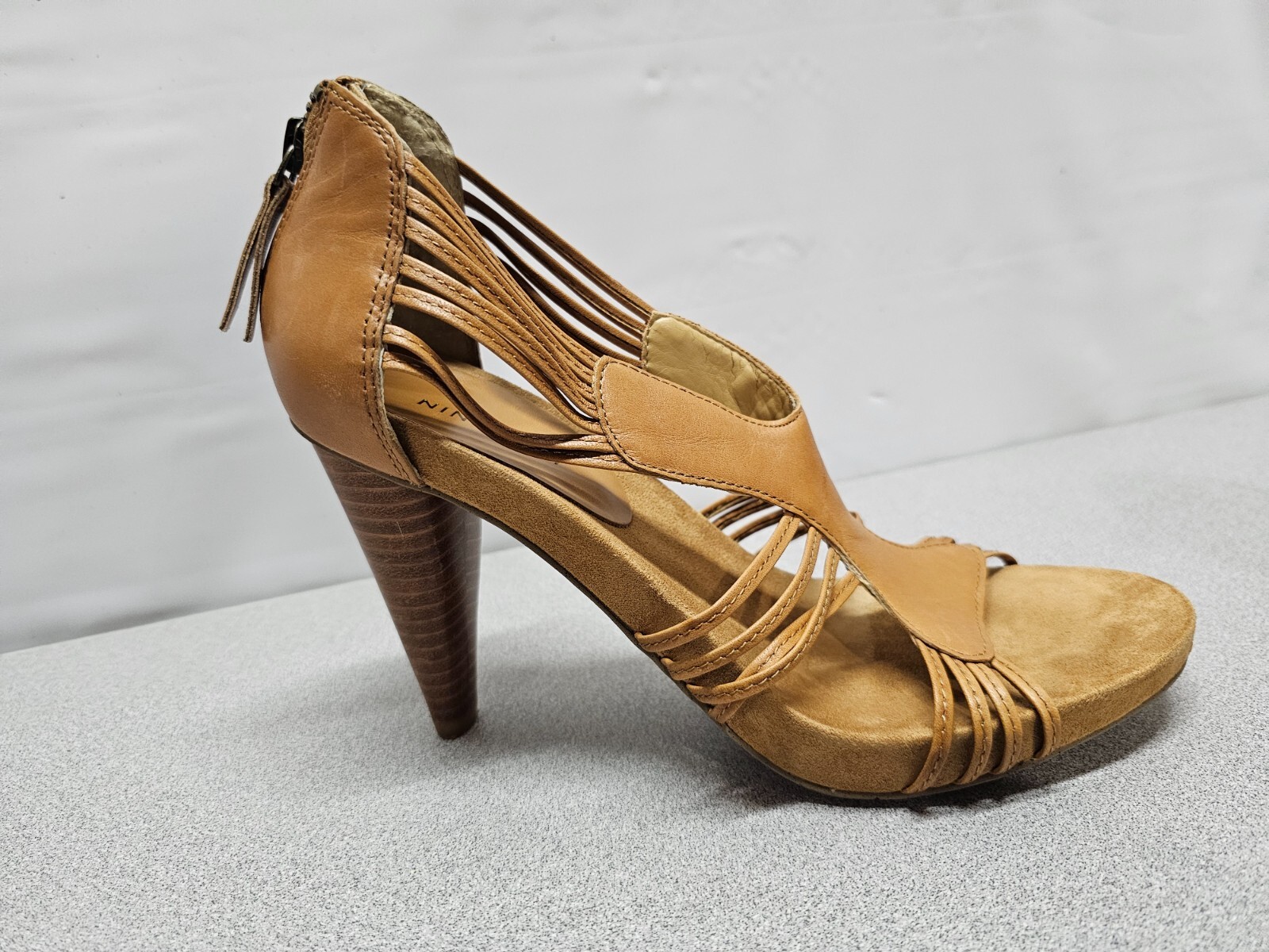 Nine West Womens Size 7 Brown Leather Pumps 3.5″ Cone Heels Strappy Open Toe