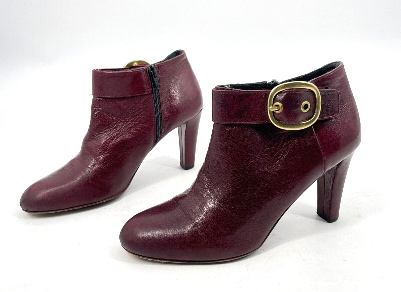 Coach Womens 7.5 B Burgundy kid Leather Nicolete Gold Buckle 3.25″ Heel Bootie
