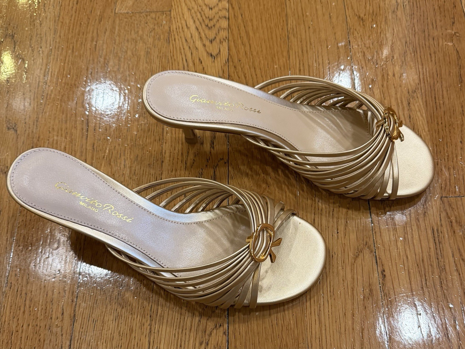 Gold Metallic Leather Mules featuring a multi strap design – Size 37