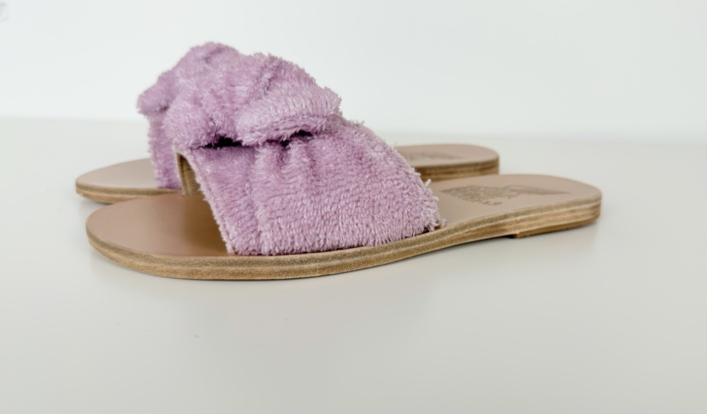 Ancient Greek Sandals Purple Terry Cloth Bow Slide Sandals NWOB Dust Bag EU 37