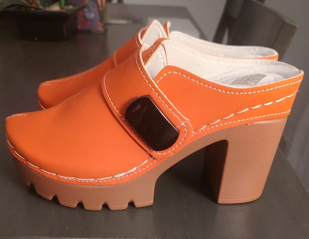 Women’s Orange Solid Peep Toe Slip On Platform Block Heel Mules 7.5