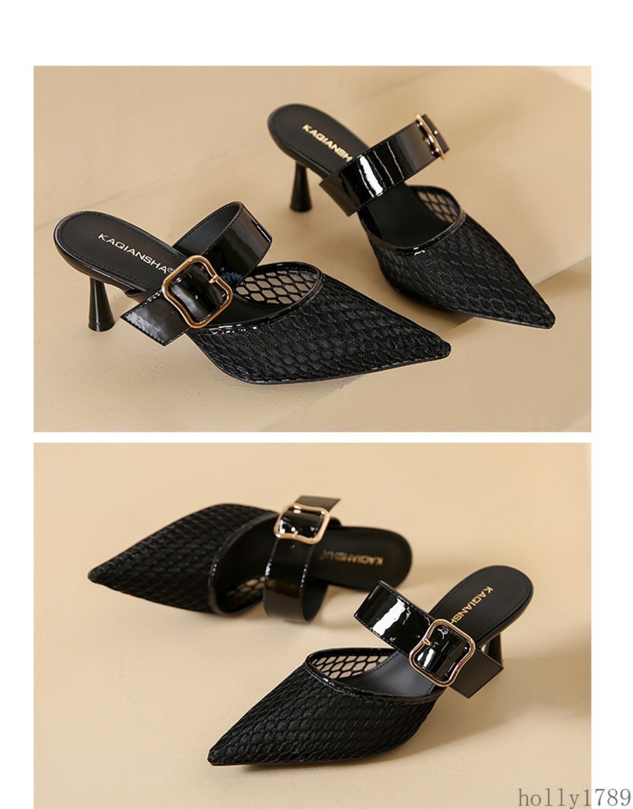 Mesh Pointed Toe Mule Heels Women Hollow Out Strap Slip on High Heel Sandals