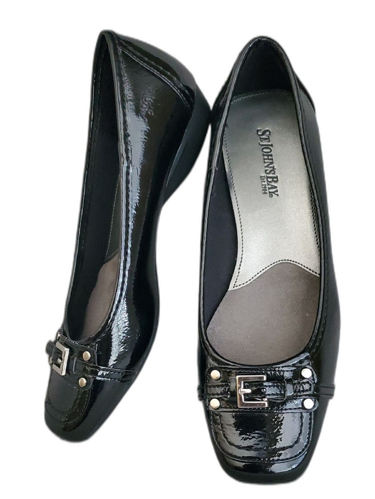 ST. JOHN’S BAY Black Faux Patent Leather Buckle Accent Loafers WOMEN’S SIZE: 7M
