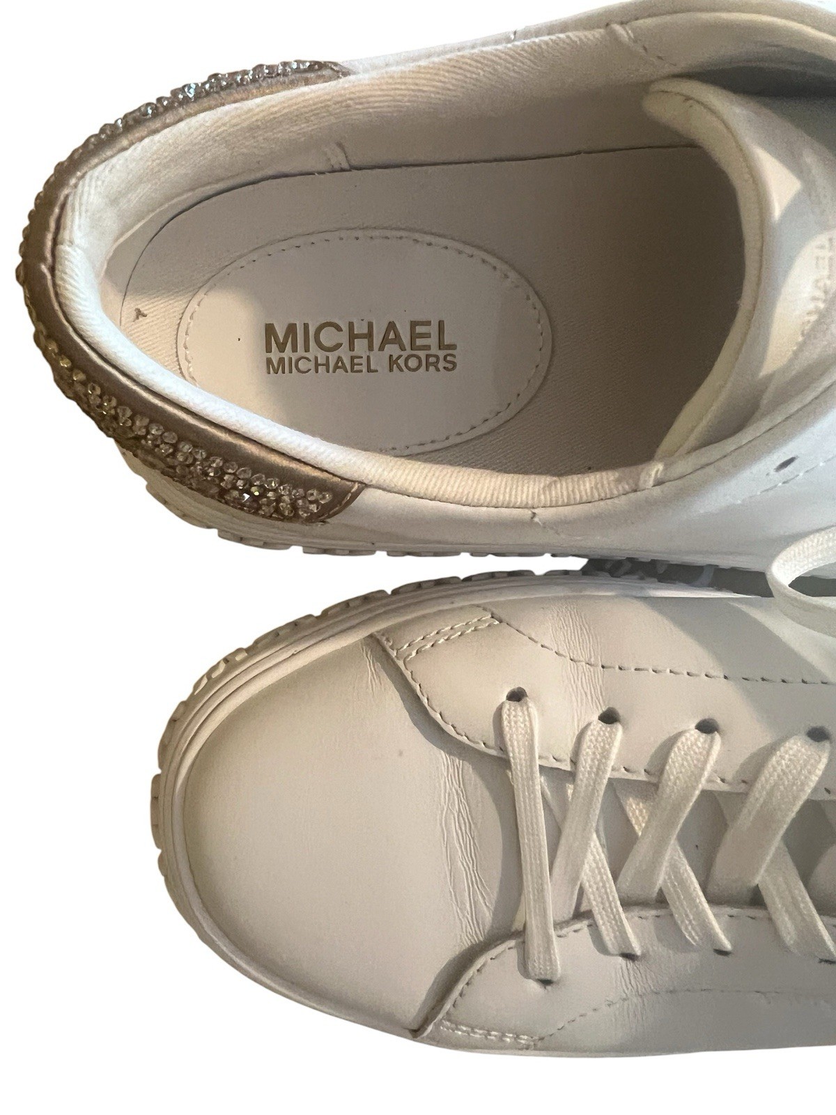 Michael Kors Grove Lace Up Women’s White/Gold Leather Rhinestone Low Top Sneaker