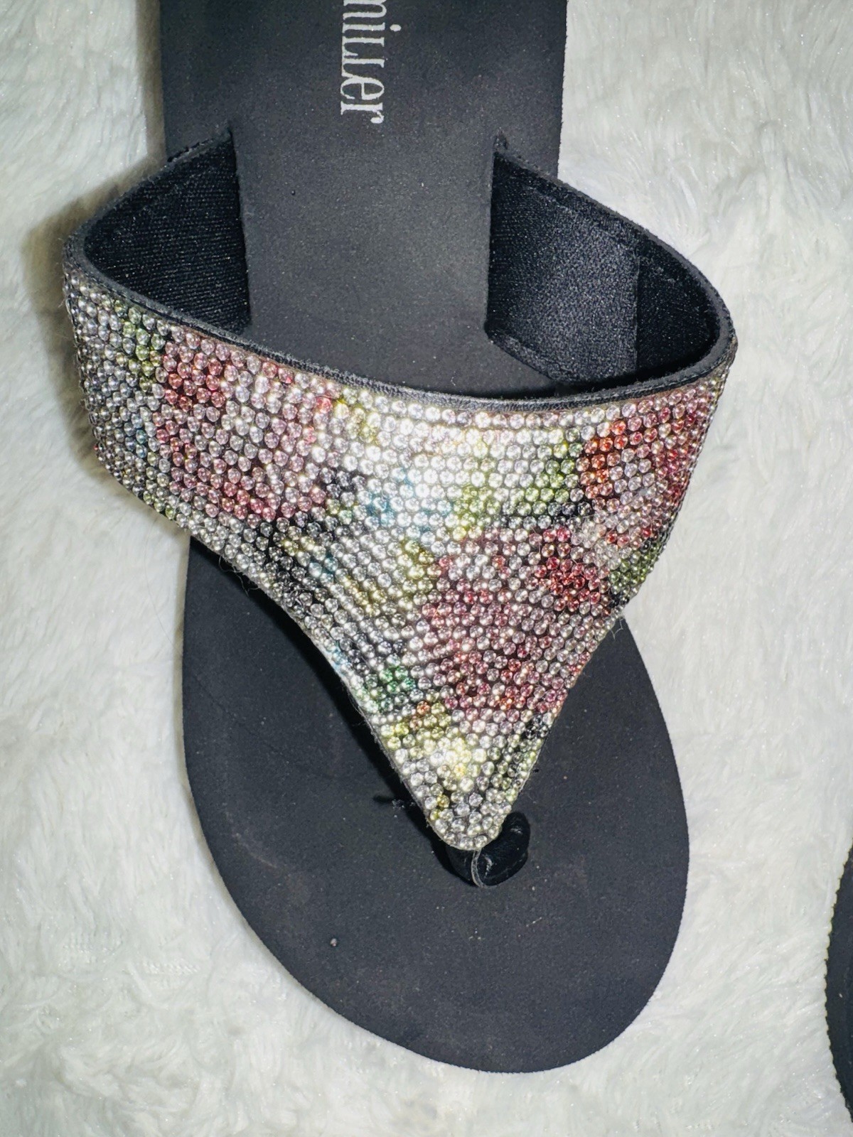 Olivia Miller 8 Sandal FlipFlop Glitzy Rhinestone Thong Wedge Black Floral Bling