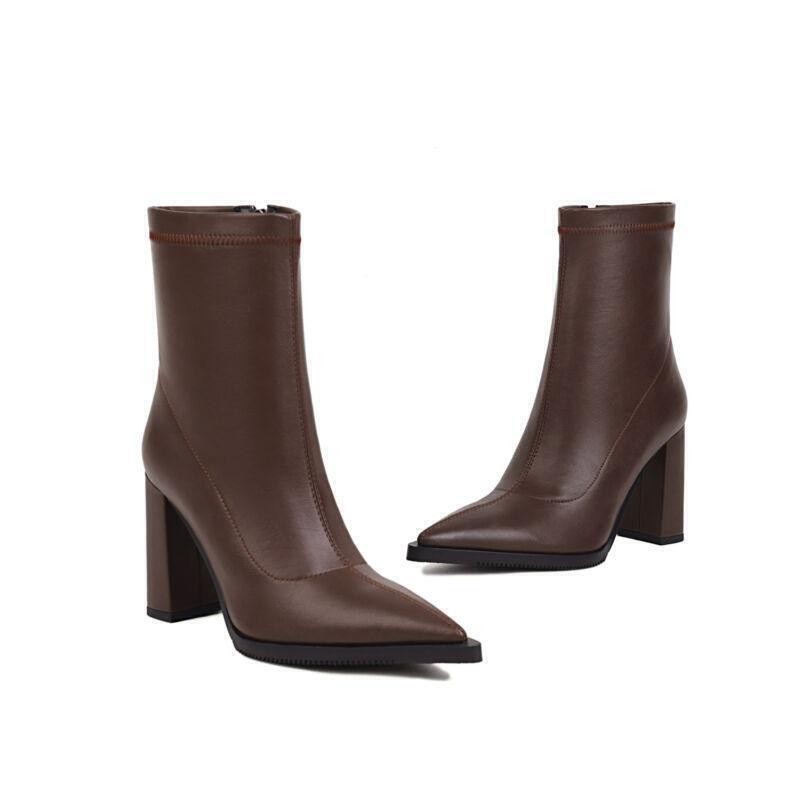 Womens Formal Leisure Ankle Boots Block Heels Pointed Toe Faux Leather Zip Shoes