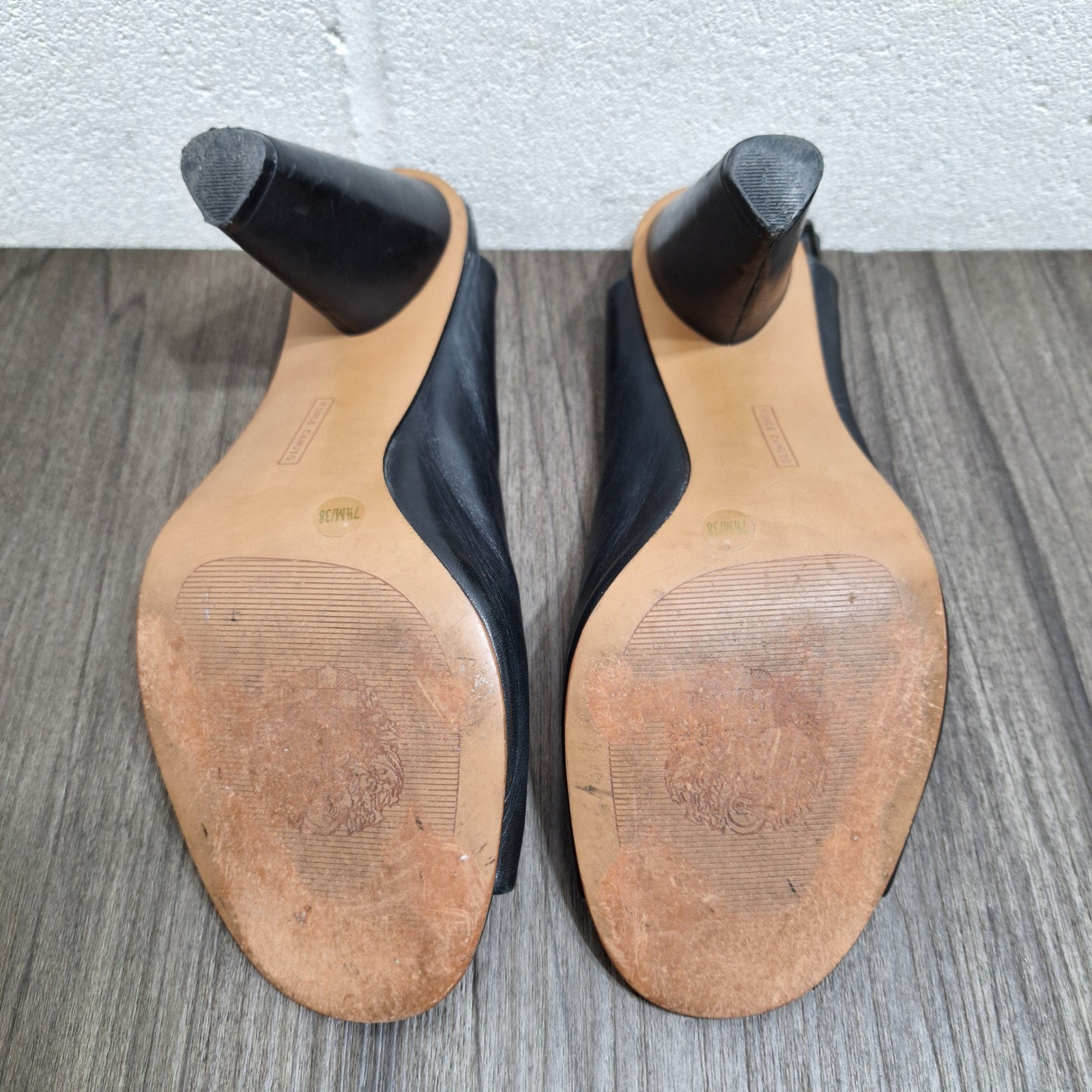 Vince Camuto Women’s 7.5 M Kembia Black Leather Peep Toe Slingback Cone Heels