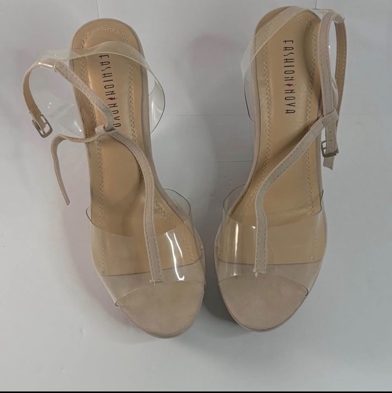 Fashion Nova Nude Clear Strap Wedge Women’s Size 10 Platform Heel NEW w/ box