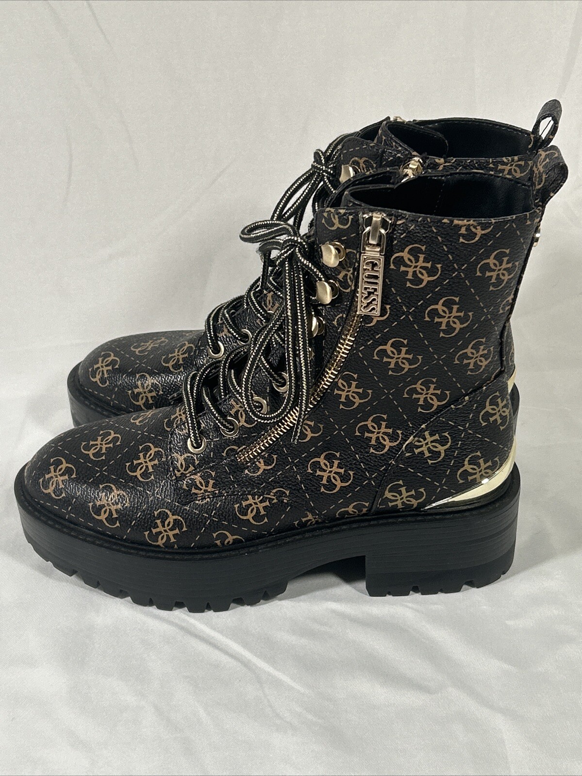 GUESS Womens Black Logo Zipper Lug Sole Fearne Round Toe Combat Boots 6.5 M