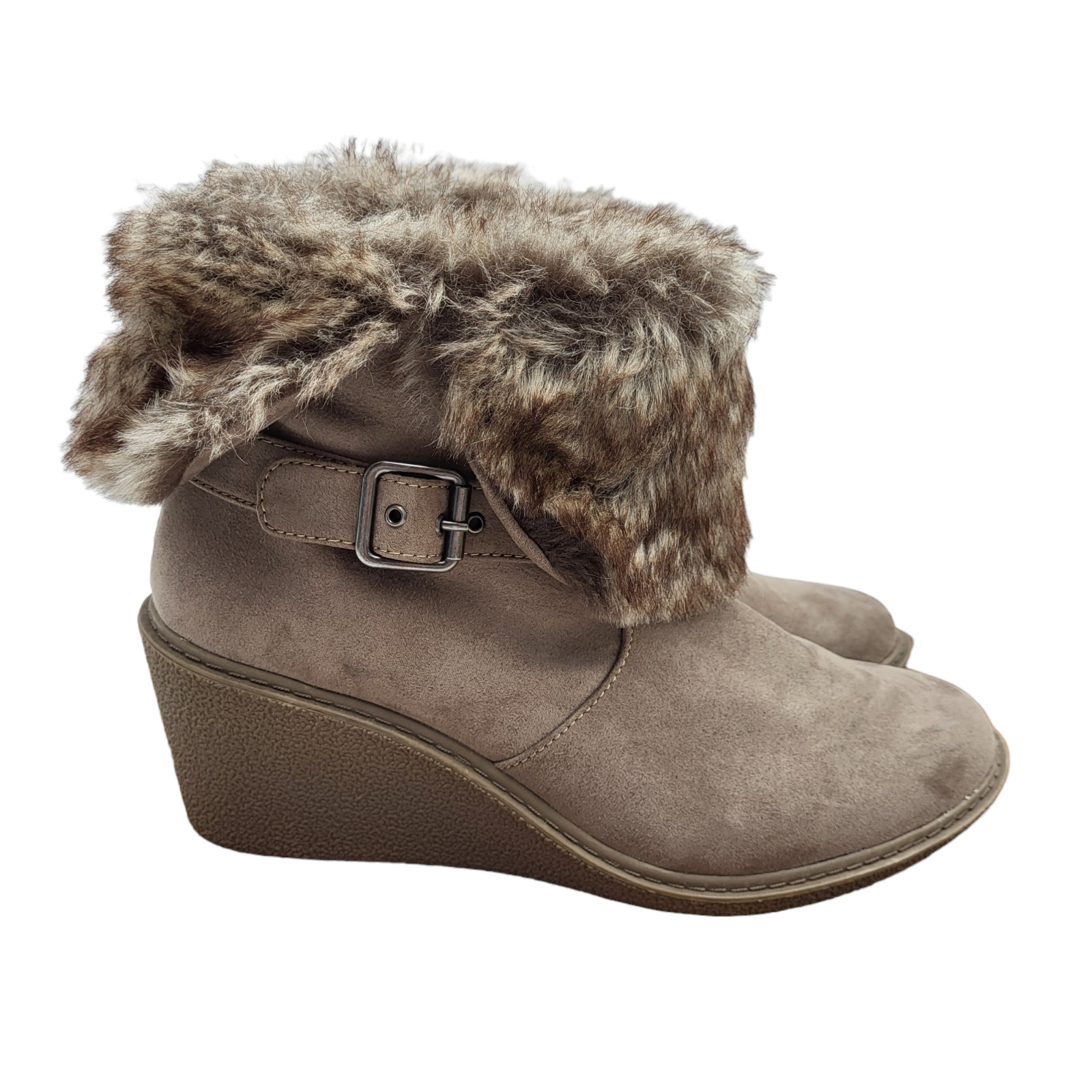 ANA Ankle Boots Womens 10 M Beige Suede Leather Wedge Faux Fur Buckle Booties