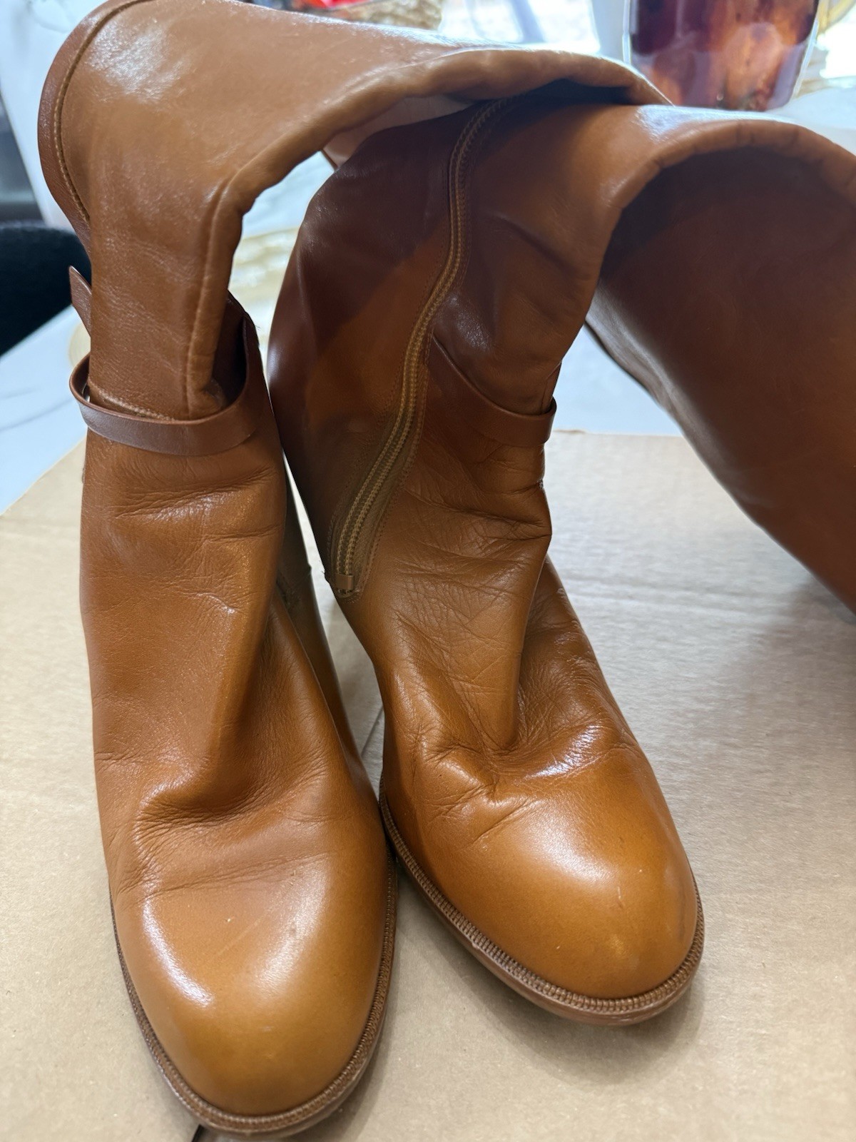 Weltschu Women’s Brown Leather Knee High Riding Boots Zip US 7.5