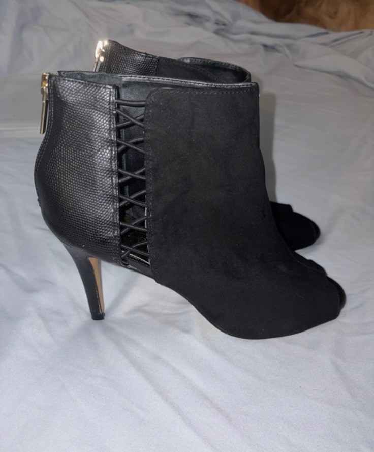Thalia Sodi Kaarmen Peep Toe Heeled Ankle Boots, Size 8, Suede & Faux Leather