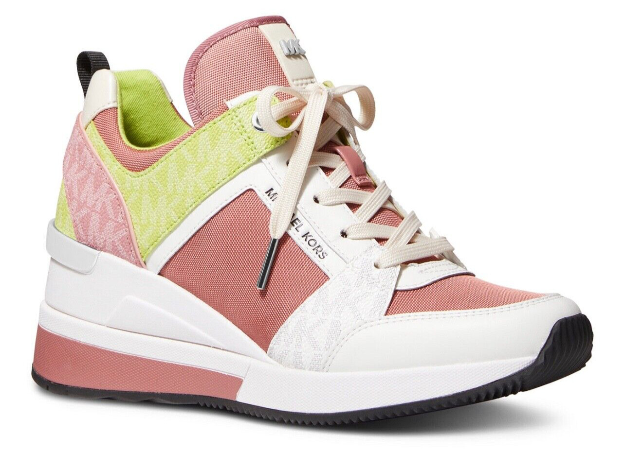 NIB Size 9.5 Michael Kors GEORGIE Wedge Trainer Rose Multi Pink Lime Sneakers