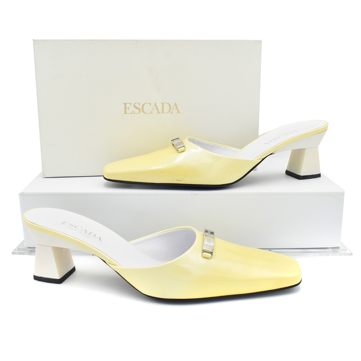 Escada Buttermilk Pale Yellow/White Patent Mules Low Heels sz 9.5 B