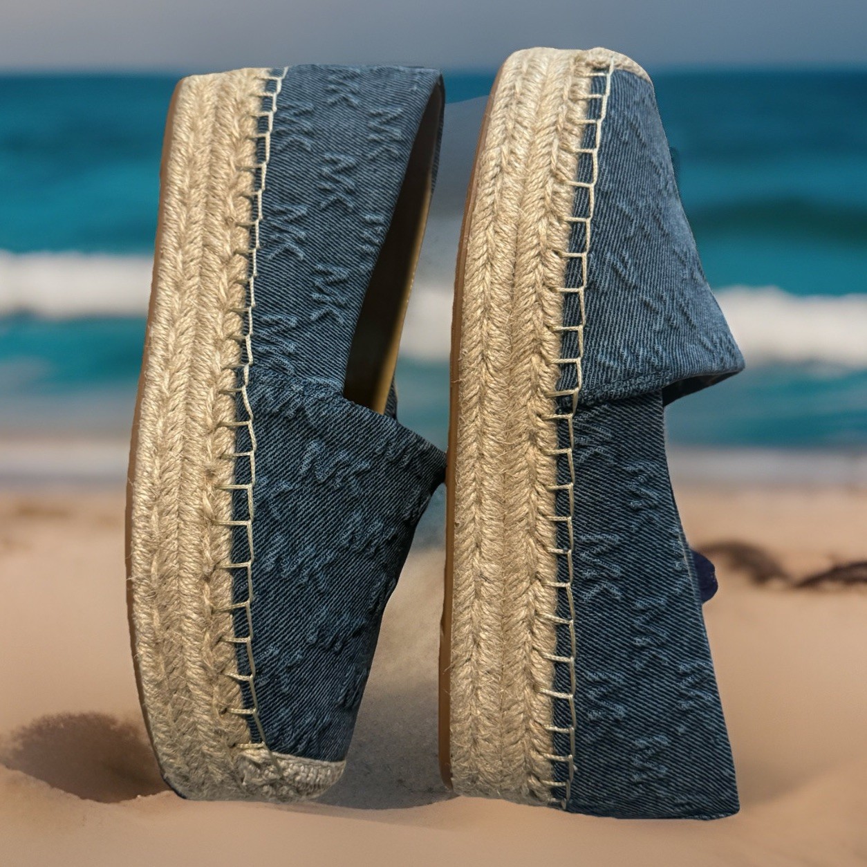 New Women Michael Kors Slip On Textile Denim Monogram Espadrille Shoes,7.5; 9