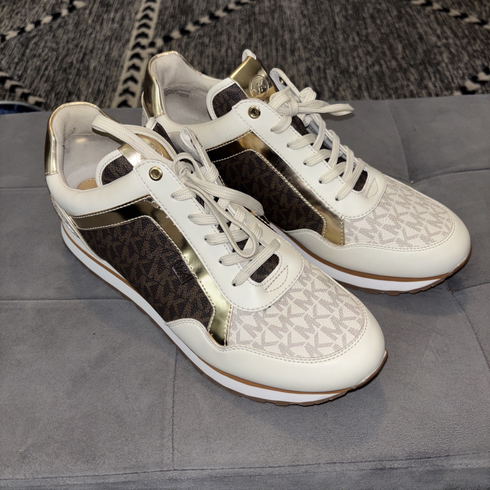 Michael Kors 2020 MADDY TRAINER White Brown Gold MK LOGO SNEAKERS 11M