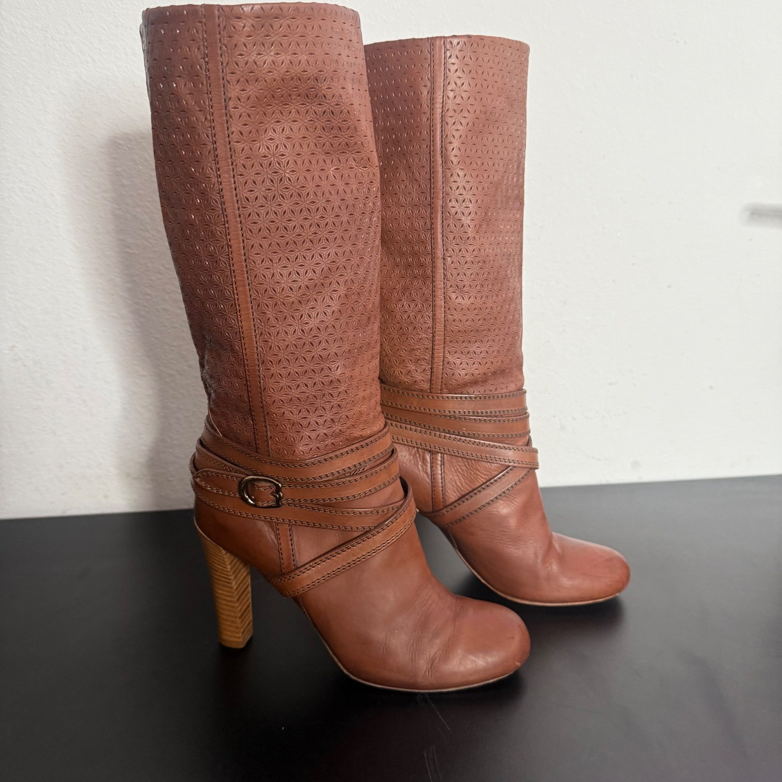 NAVYBOOT Eva Turner Brown Leather High Heel Boots Perforated Cutout Straps Sz 37