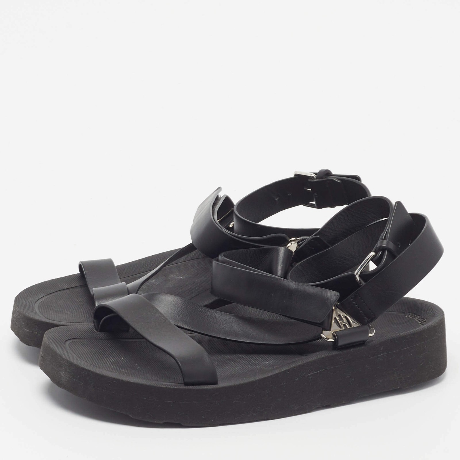 Hermes Galaxy Size 37 Black Leather Ankle Strap Sandals