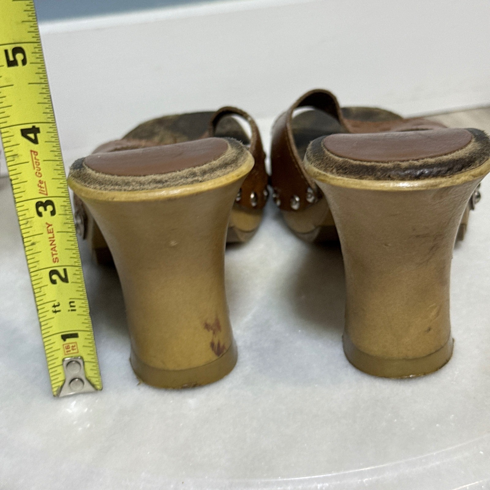Vtg Candies Brown Leather Studded heels Platform Mules Square Toe 9 shoes y2k
