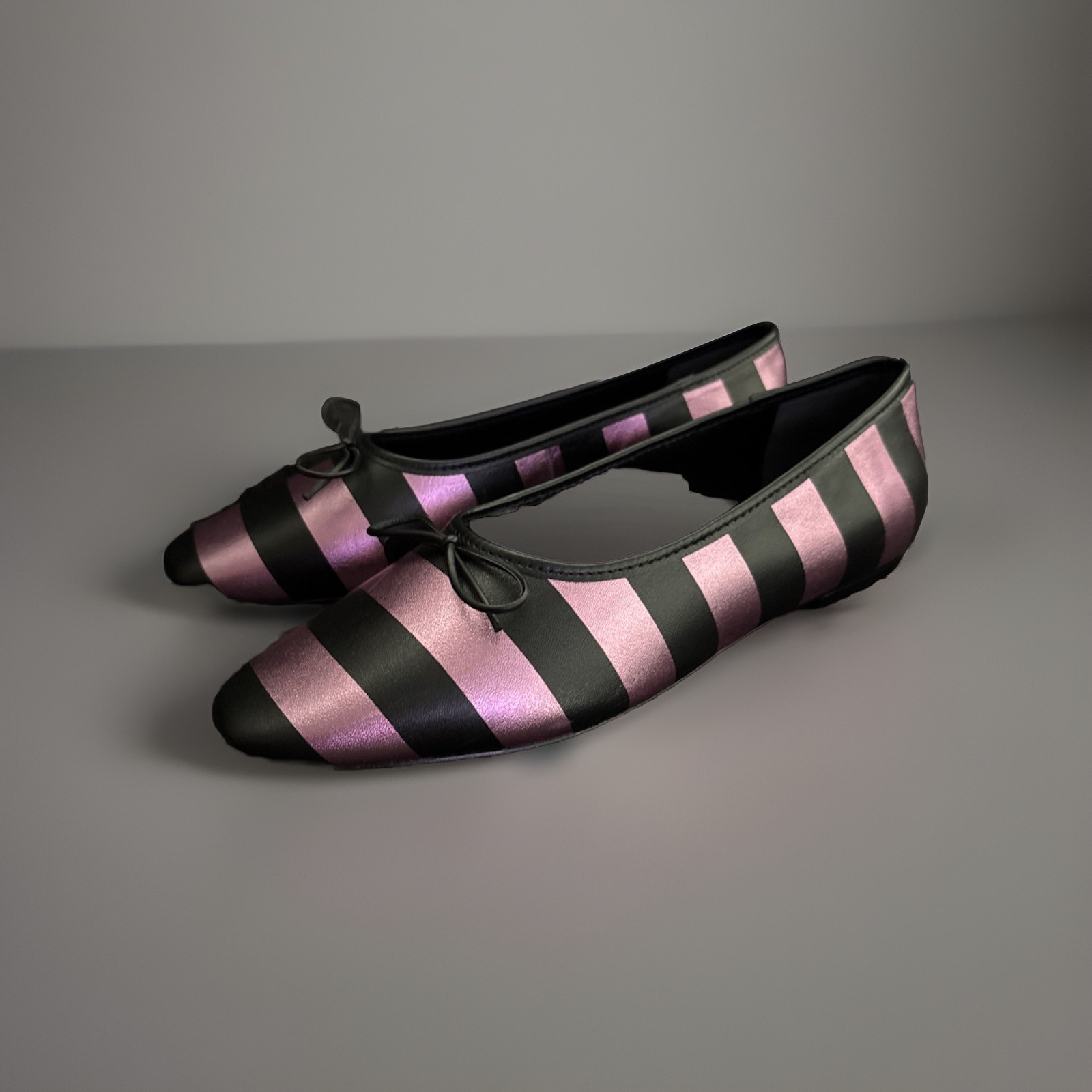 Anthropologie Maeve Square Toe Ballet Flat Pink & Black Striped Metallic 8 NWOB