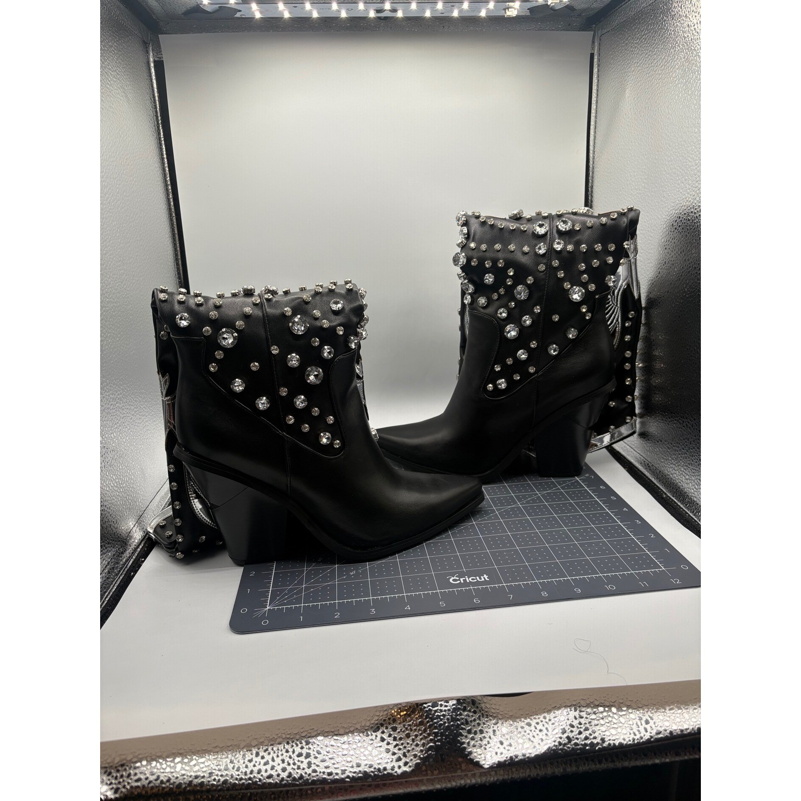 Black Rhinestone Studded Western Boots Silver Wing High Pointed Toe Block Heel