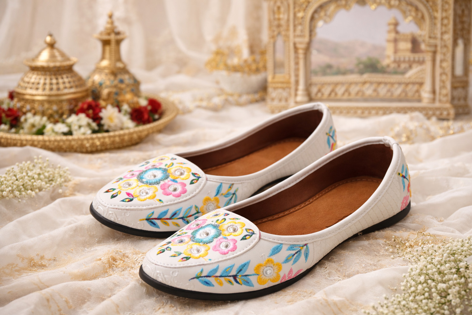 Hand Embroidered White Mojari for Women Rajasthani Floral Jutti Ethnic Footware