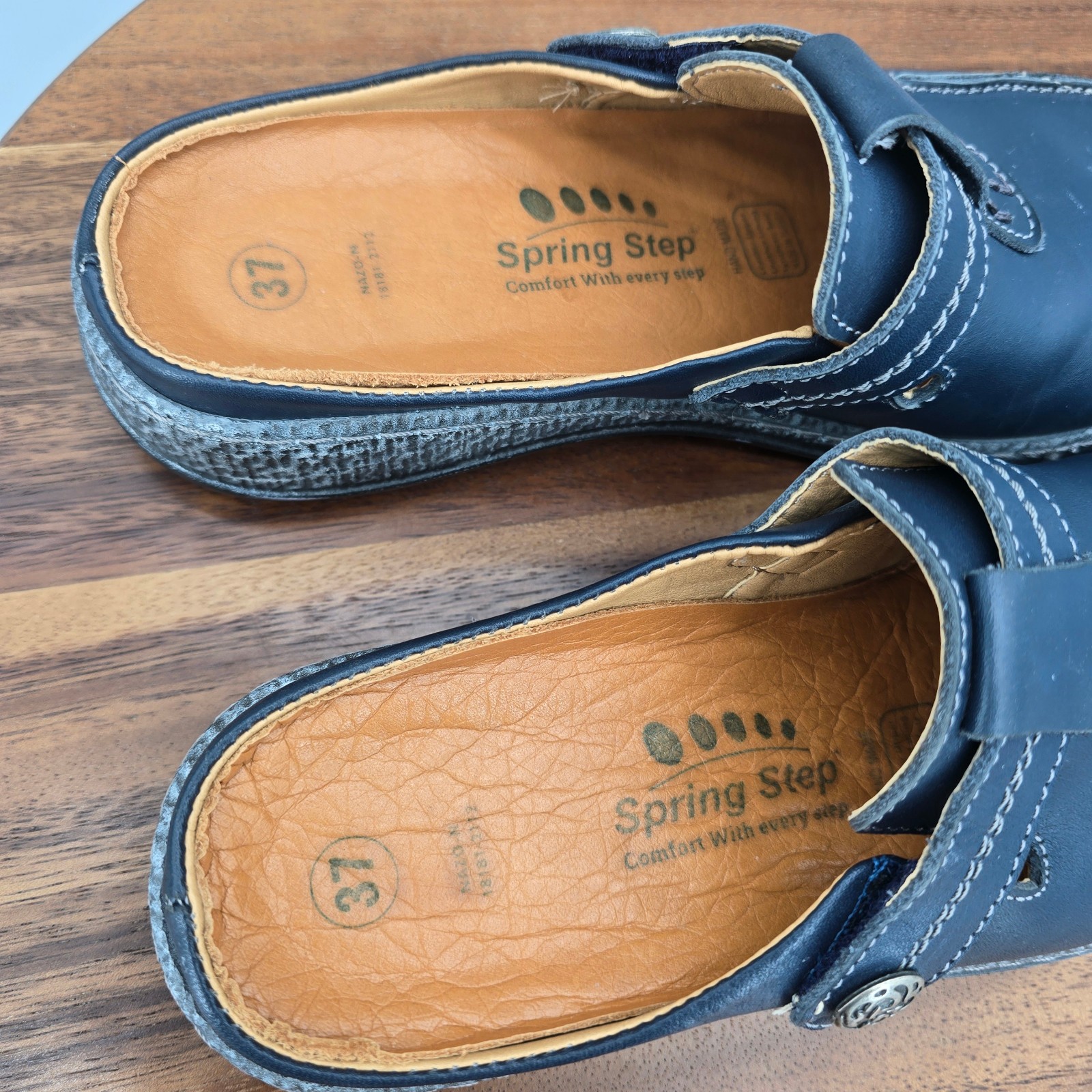 Spring Step Shoes Womens 6.5 37 Navy Blue Leather Slip On Comfort Mules Clogs