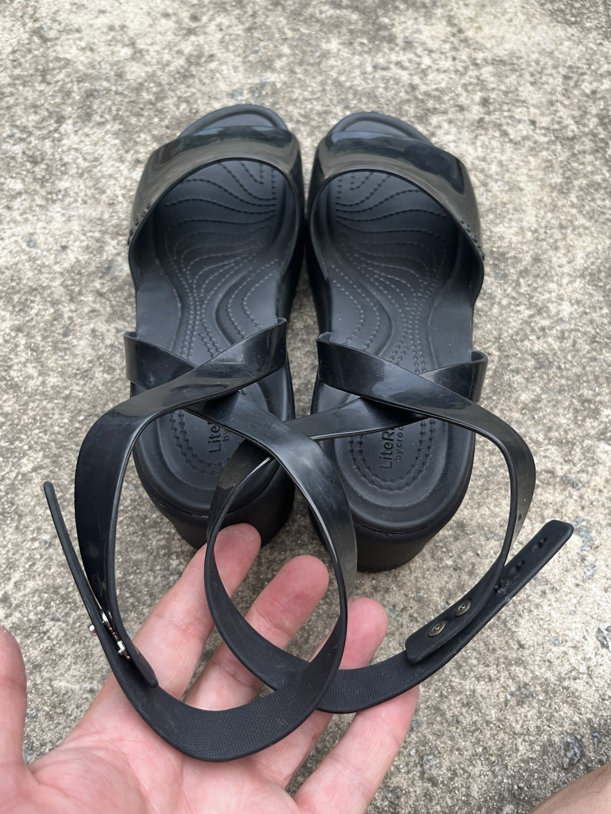 Crocs LiteRide Brooklyn Ankle Strap High Shine Black Platform Wedge sandals sz 9