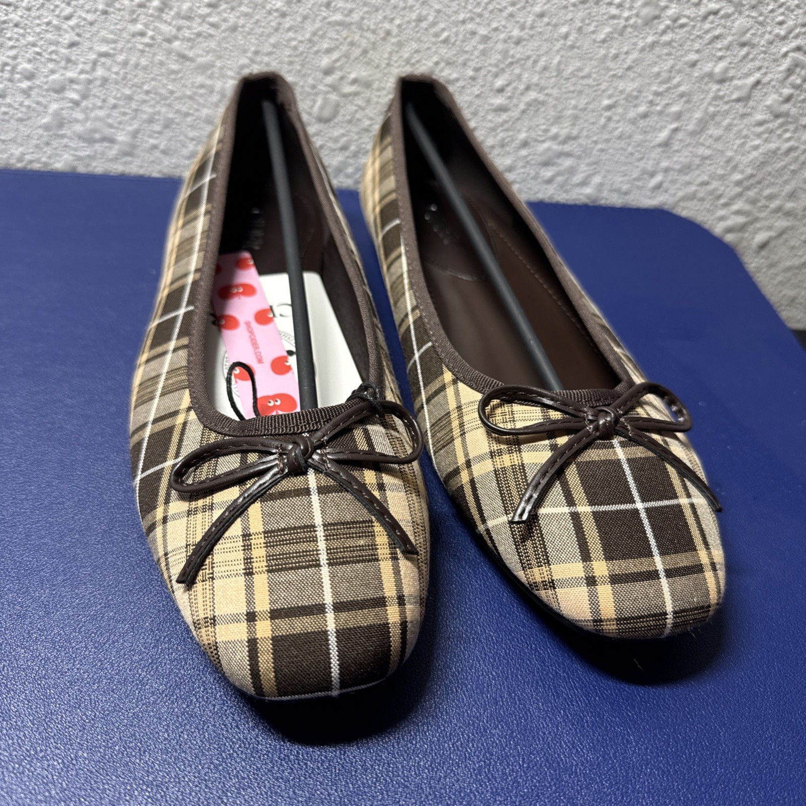 Cider Brown Plaid Bow Ballet Flats Slip-On Cotton Women’s Size 8.5/39
