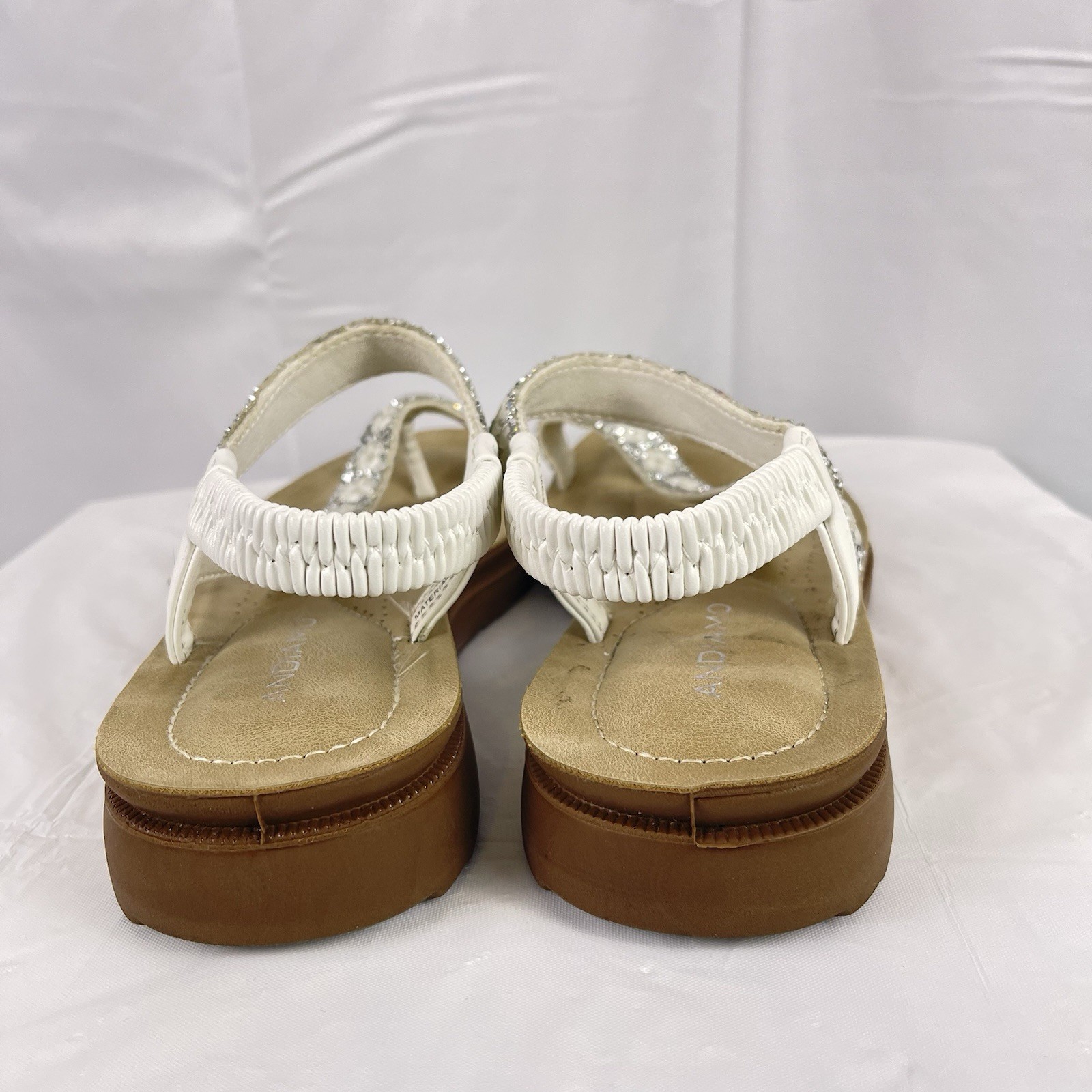 Andiamo Women Sandals 8M White Beaded Rhinestone Slingback Comfort Flat