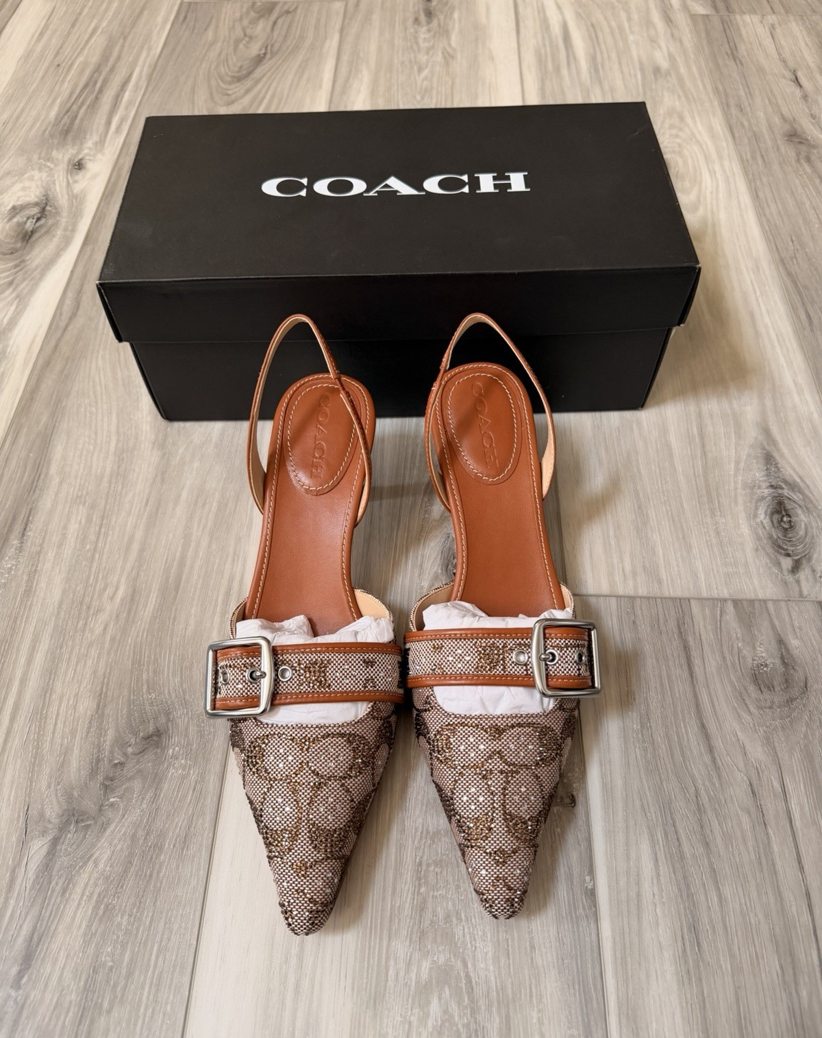 Coach Margot Crystal Signature Jacquard Slingback Heels Burnished Amber 9.5B NWB