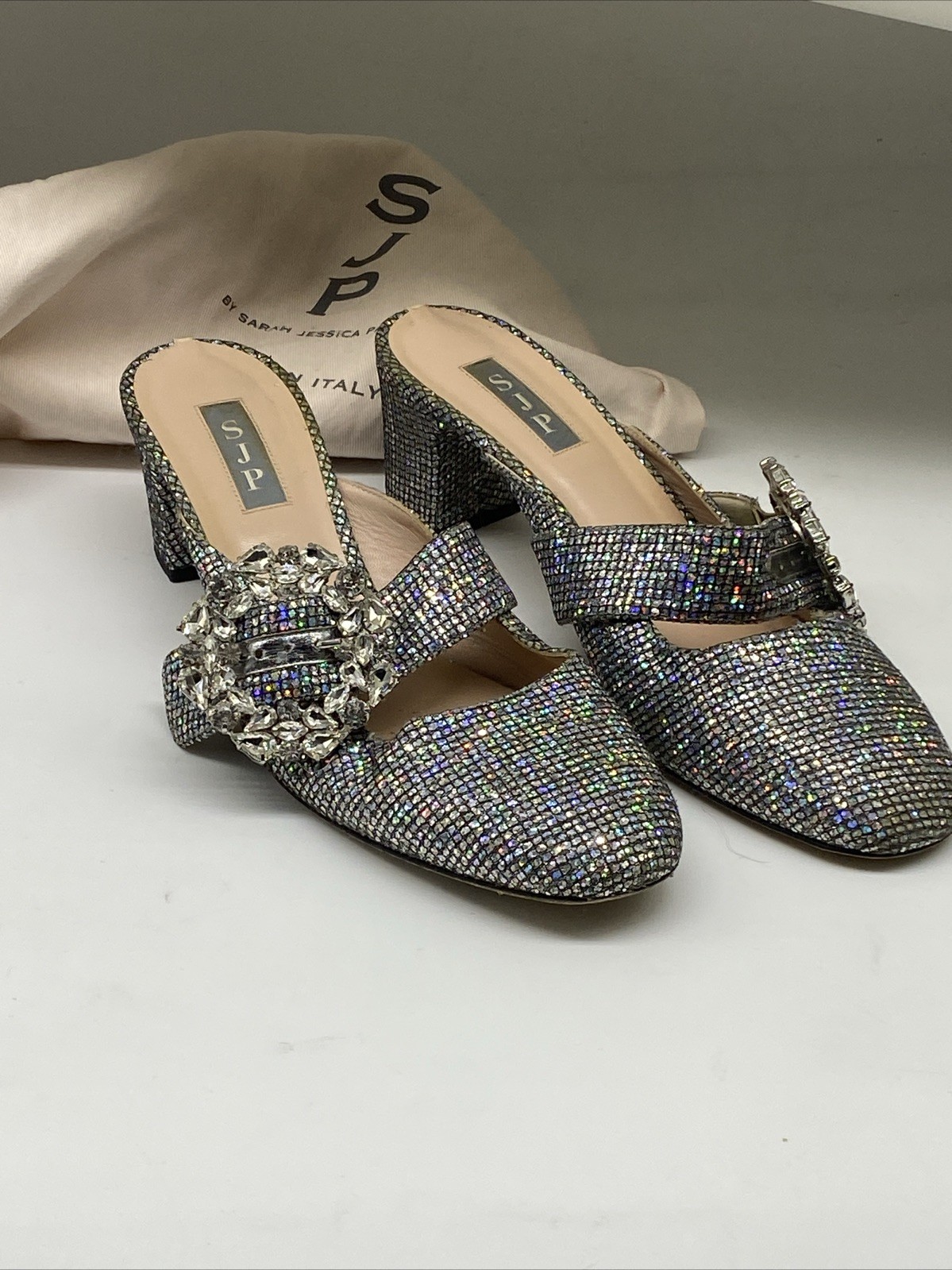 sjp by sarah jessica parker Glittery Mules Rhinestone Buckle Size 9 Italy