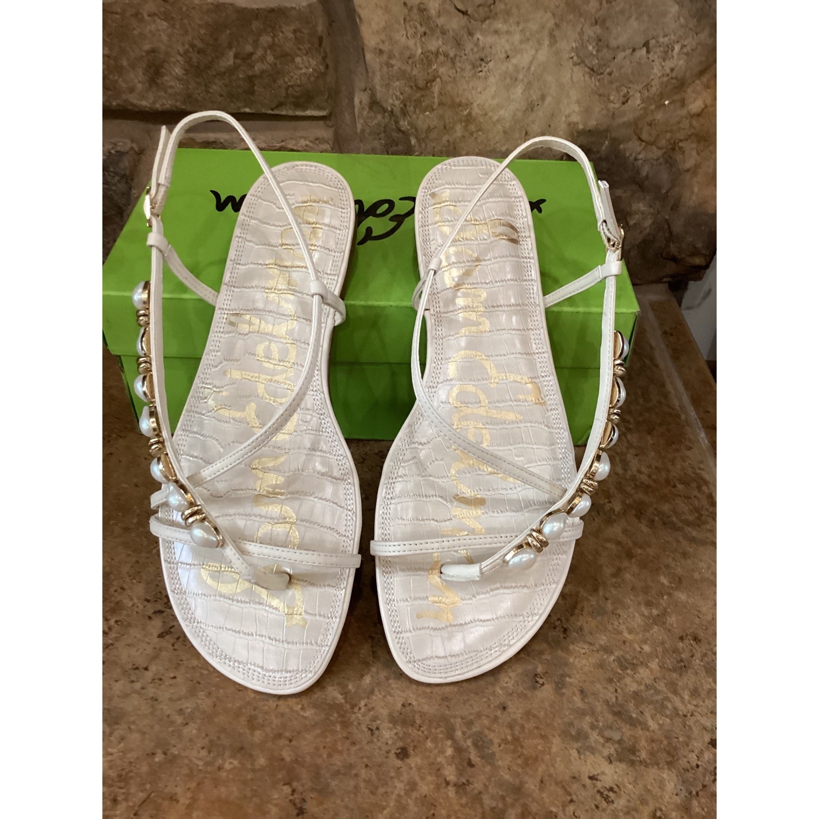 Sam Edelman Calla 2 Ivory Leather Pearl Strappy Flat Sandals Size 9 New