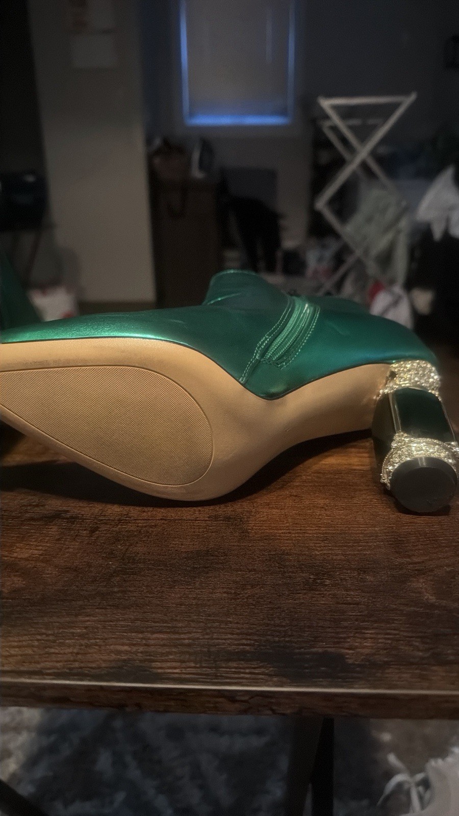 Vince Camuto Green Metallic Leather Ankle Booties Gemstone Glitter Block Heel